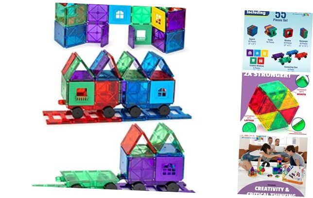 Magnetic Train Building Set for Kids – 55pc Tiles with 4 Cars