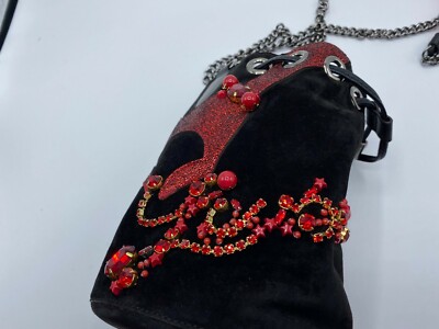 Christian Louboutin Marie Jane Bucket Love Wildleder/Strass schwarz rot Kristall Tasche NEU