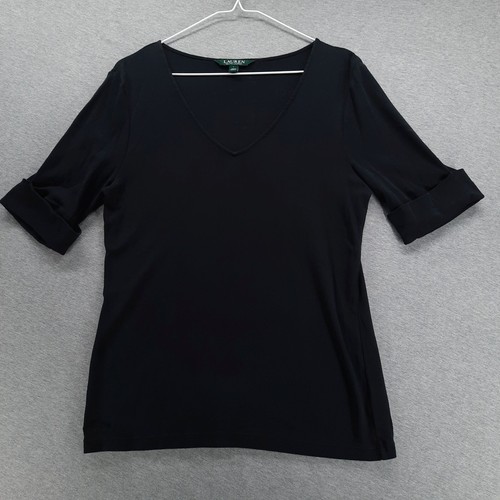 Lauren Ralph Lauren T-Shirt Womens L Black Short Sleeve V-Neck Cotton Knit Tee