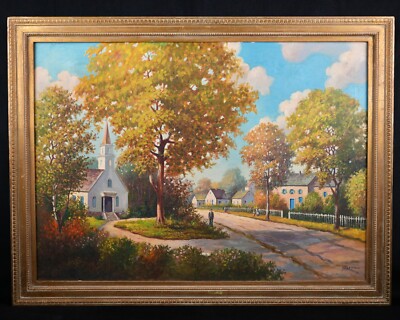 Vintage Original Landscape Oil on Canvas ''Town Scene in Autumn'' By Harry H. Howe