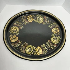 Vintage Black Toleware Hand Painted Oval Metal Tray Flower Motif 19.75” X 16.25”
