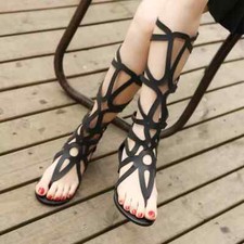 Sandales Femmes Basses Noir Tongs Lacets Esclave Cuir Synthetique 13460