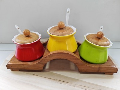 Vintage Scandi Keramik Set 3 Marmeladentöpfe Boho Küche Gewürz Ständer Deckel Löffel