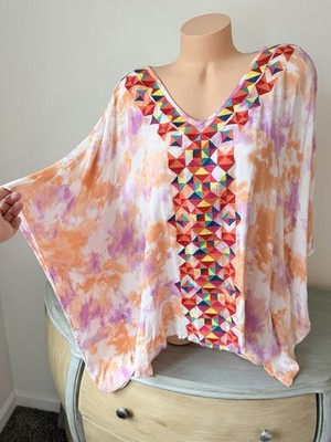 Boho Top Savanna Jane Kaftan Blouse Womens 2X  3X Tie Dye Embroidered