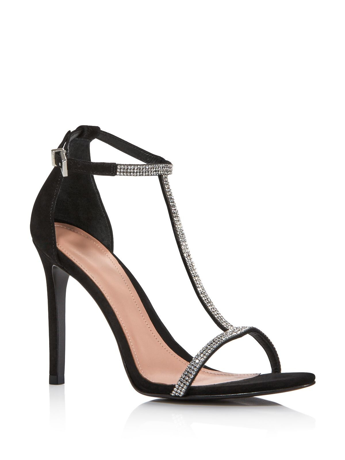 AQUA Womens Black Crystal-Hariana Open Toe Stiletto Leather Sandals 7.5 B