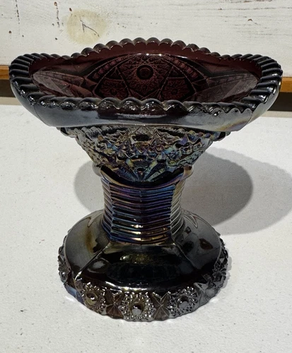 Vntg  Amethyst Carnival Glass Whirling Star Punch Bowl Base