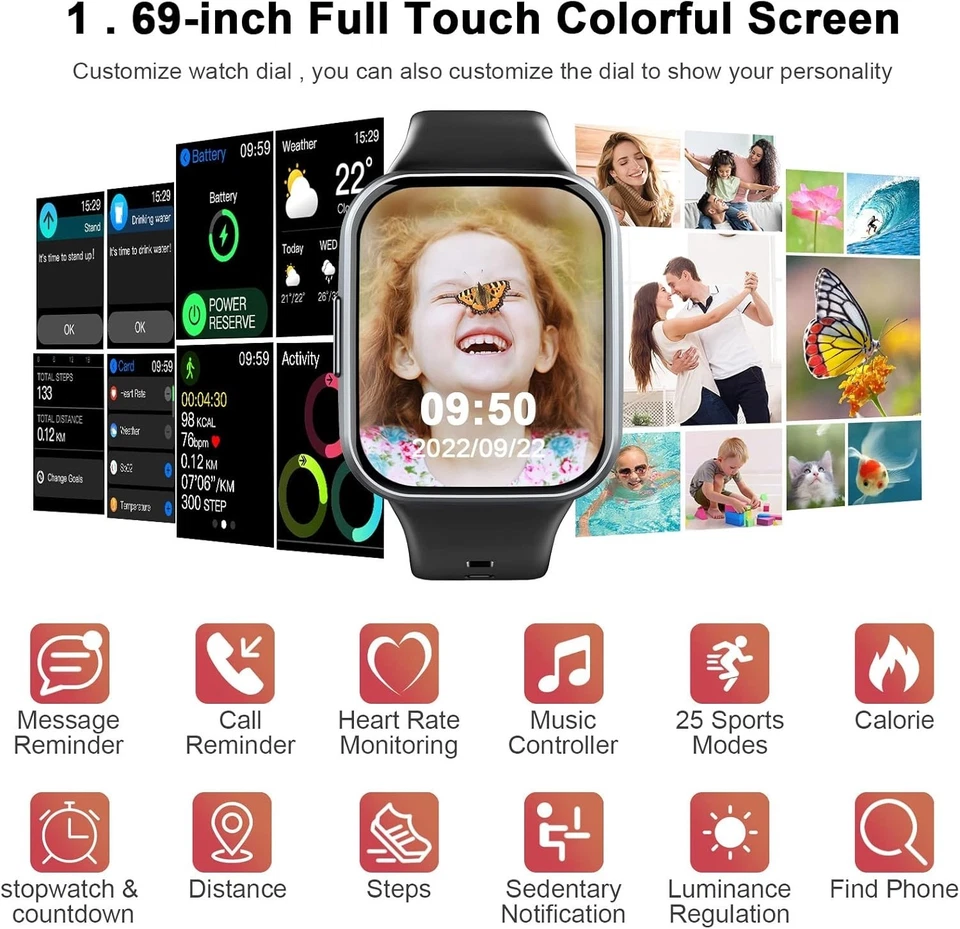 Smartwatch Uomo Donna, Orologio Smartwatch 1,69'' Smart Watch Sonno/Cardiofreque - Immagine 2 di 4