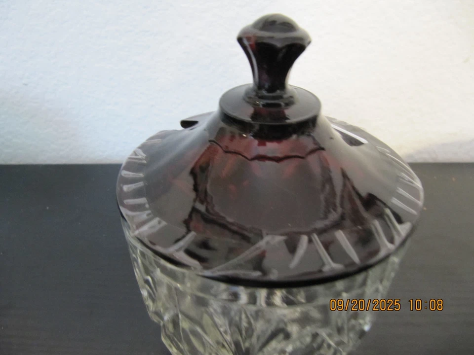 Vintage Anchor Hocking Covered Marmalade Jelly Jar Pineapple Fan Royal Ruby  Lid - Image 2 of 3