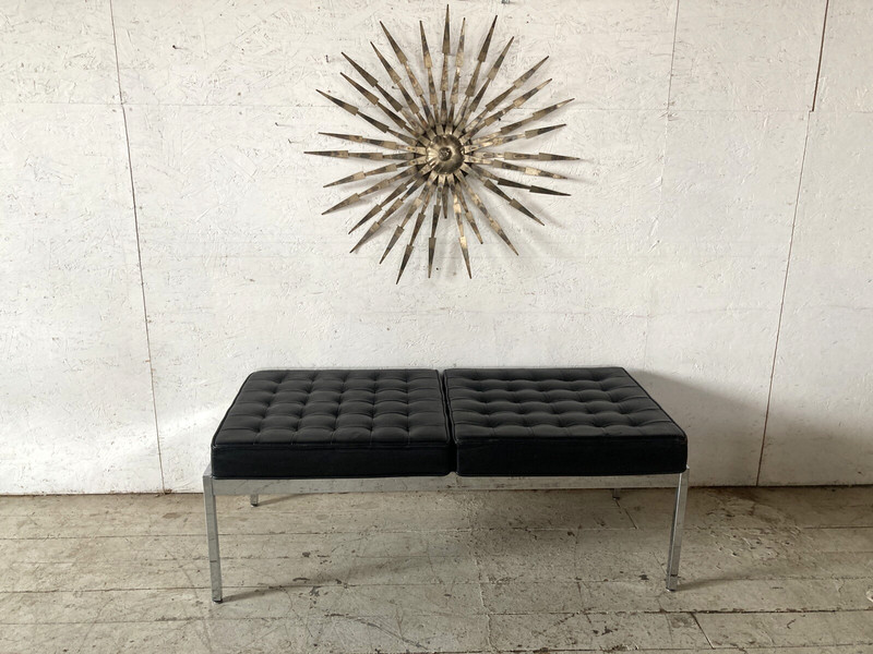 Vintage Chrome & Tufted Leather Bench 47" Long Mid Century Modern Style of Knoll