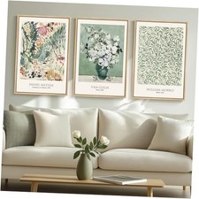 Framed Large Matisse Wall Art for Living Room, 3 16"W x 24" H x 3Pcs Sage Green