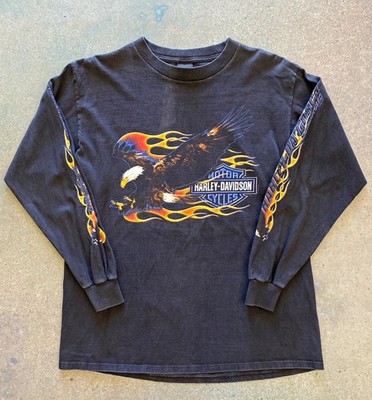 Vintage 1999 Harley Davidson Biker Motorcycle Eagle Flame Long Sleeve Graphic T
