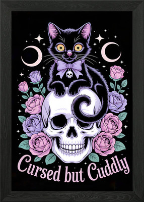 Cursed but Cuddly Cat and Skull Framed Wall Art Poster Canvas Print Picture