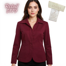 CHICO'S Women's Size 2 L/12 Dark Red Blazer Jacket Hook Eye Closure Lined