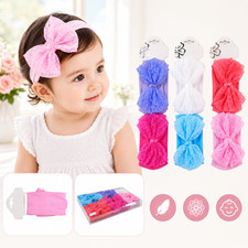 6 PCS Baby Girl Bow Headbands 5" Large Lace Bow Hairbands Soft Stretchy Infant