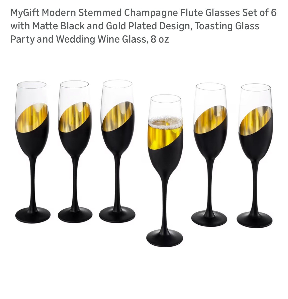 My Gift champagne flutes black and gold slant Color  Set Of 6 NIB Toasting Glass