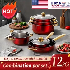 12 Piece Cookware Set Nonstick Pots and Pans Home Kitchen Cooking Non Stick Red
