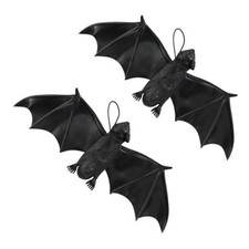 2 Black Plastic Bats - Hanging Halloween Decor - Spooky Scary Creepy
