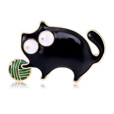 Whimsical Enamel Black Cat Brooch Gold Big Eyes Kitten Pin Cute Animal Jewelry G