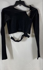 DAWANG Women's Knot Long Sleeve Cropped Top Black Asymmetrical Cutout NWT S