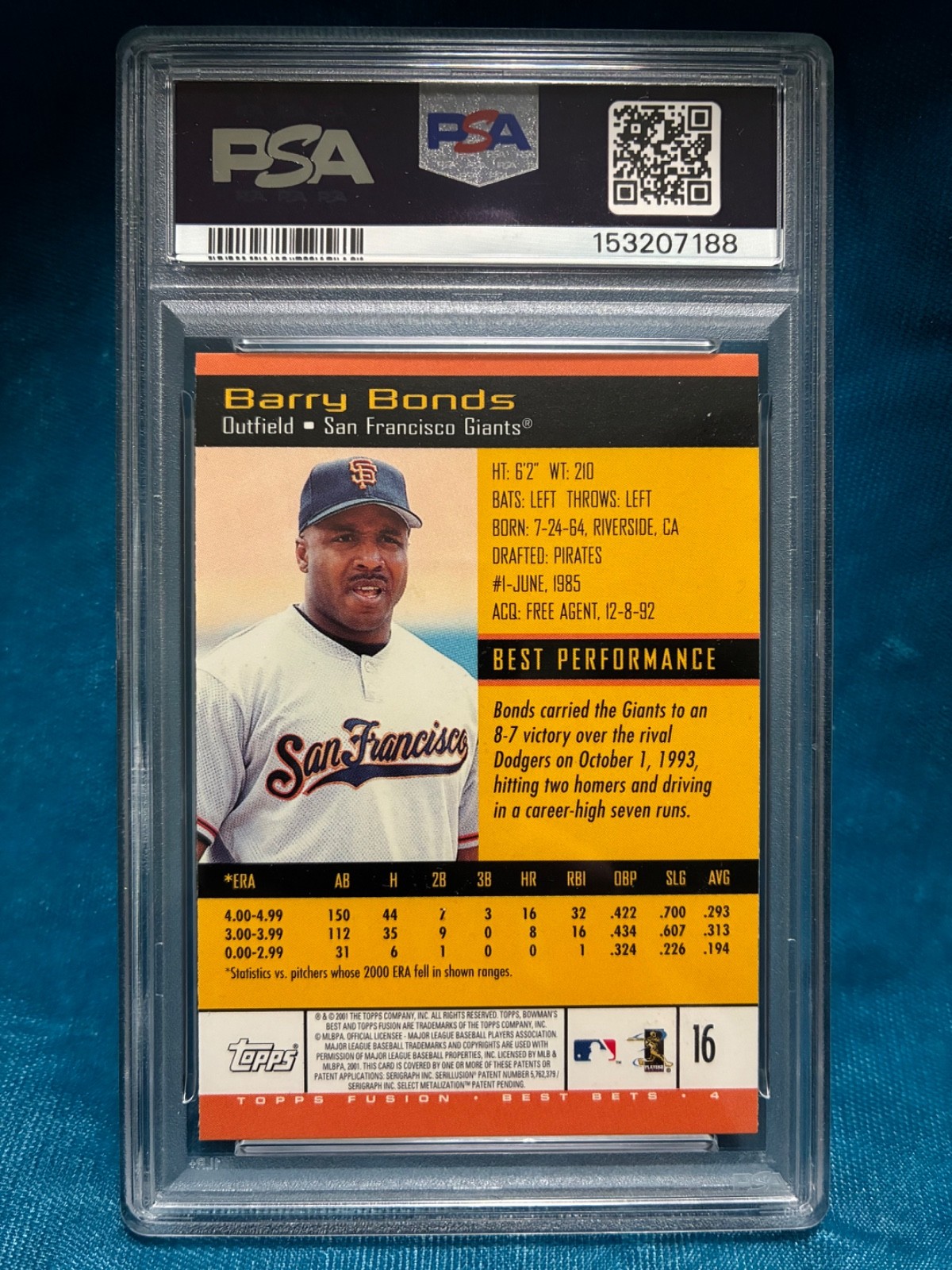 PSA 9 Pop 4 BARRY BONDS 2001 Topps Fusion BOWMAN'S BEST #16 Refractor SF Giants view 2