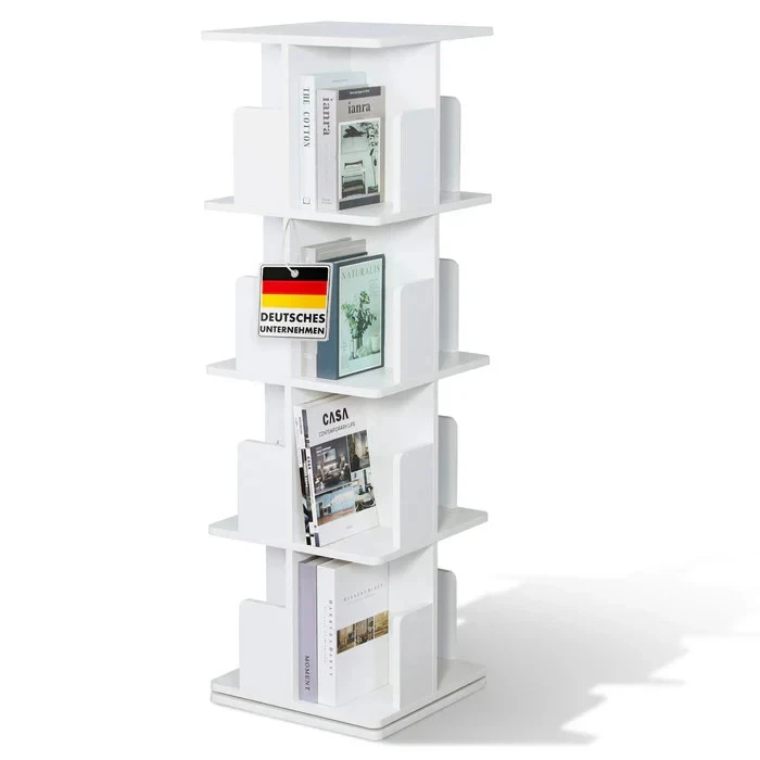 Libreria Girevole A 360° In Legno Massello - 4 Ripiani, 16 Scomparti, Su Ruote Con Freno - Marrone Noce - 46x46x142 Cm