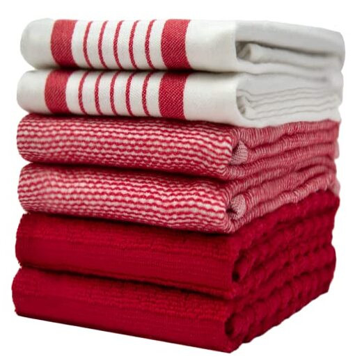 Large Cotton Kitchen Towels 20x28 Red Striped 6-Pack
