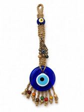 Handmade Evil Eye Wall Hanging Blue Glass Nazar Amulet Rustic Rope Decor