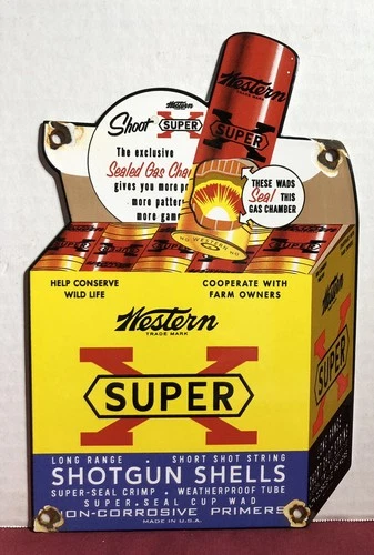 VINTAGE WESTERN SUPER X  SHOTGUN SHELLS 10” PORCELAIN AMMUNITION GUN AMMO SIGN