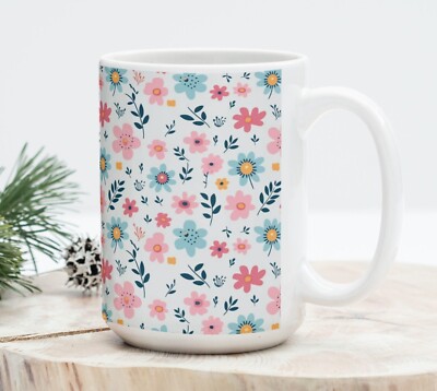 Pink and Soft Blue Flowers Coffee Tea Mug Cup 15 Oz Ceramic White by Mugzan