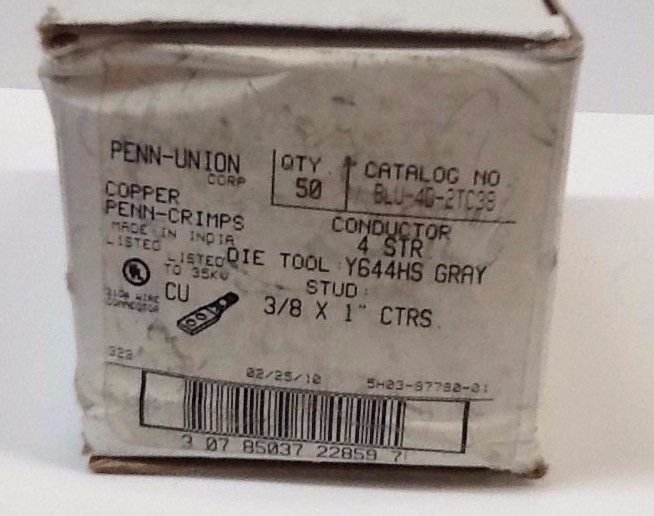 Qty 50 Penn-Union Corp BLU-4D-2TC38 Copper Penn-Crimps Terminal Lug, Y644HS 3/8"