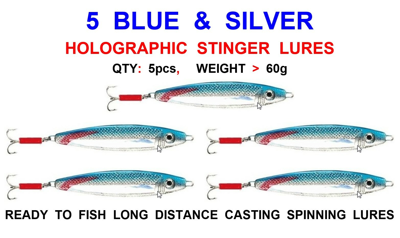 5 BLUE STINGER LURES 60g GAME COARSE SEA FISHING SPINNERS COD PIKE BASS MACKEREL