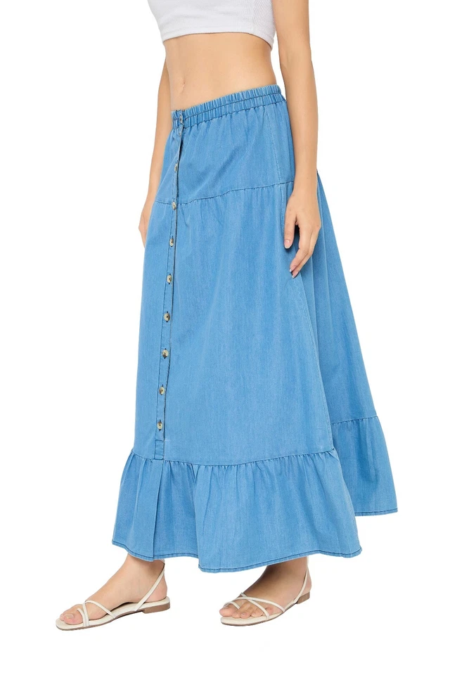 Maxi vestido vaquero informal de tiro alto con botones falda larga de mezclilla para mujer Foto 3 de 4