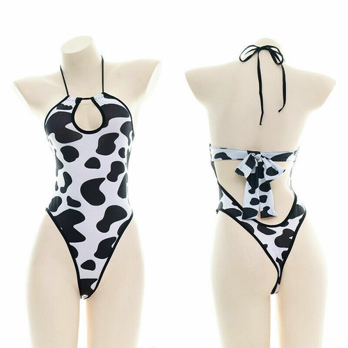 Women Sexy Lingerie Cow Print Halter Neck Bodysuit Anime Cosplay Costume Bra Set - Picture 6 of 21