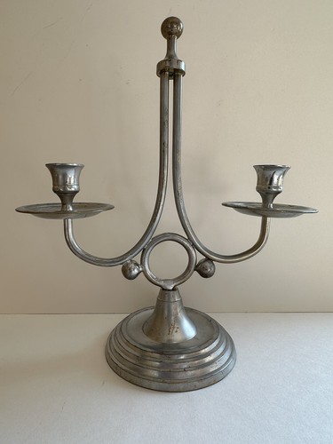 Double Candle Holder Candelabra MCM Art Deco Design Silver tone Over Brass 12” - Picture 5 of 13