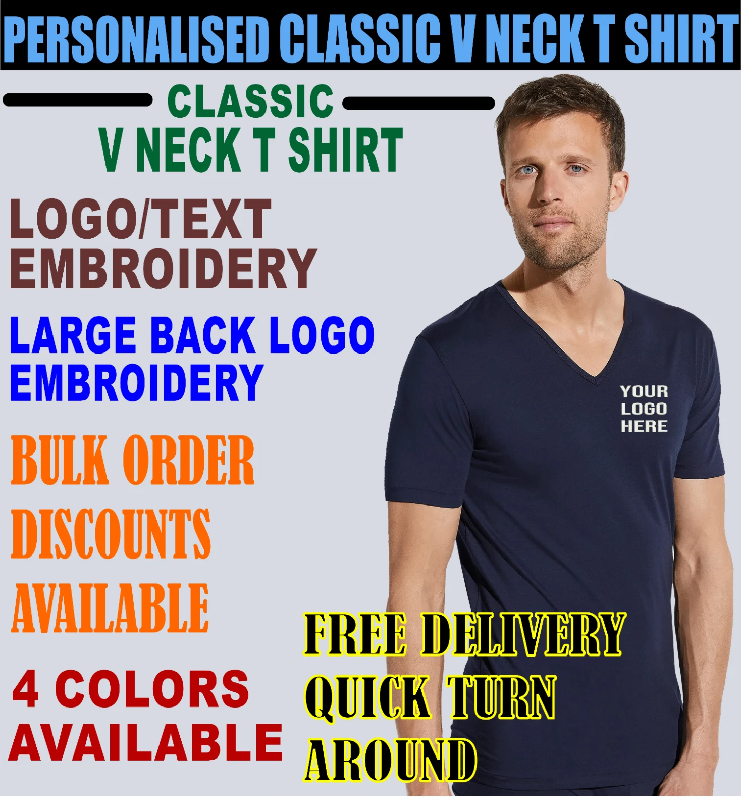 Personalised Embroidered Logo Uneek UC317 Adults Classic V Neck T Shirt