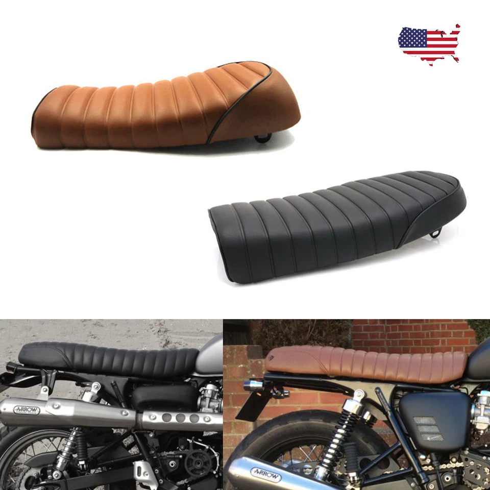 Asiento de corredor café negro asientos de motocicleta planos y joroba para Kawasaki Suzuki Honda CB Foto 2 de 4