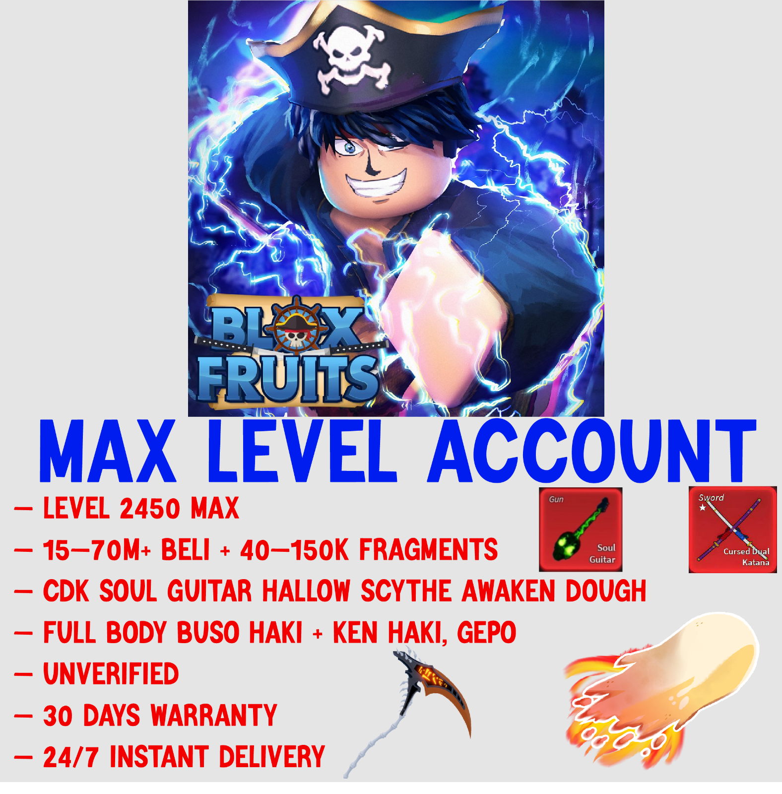 Blox Fruit Account Lv:2450Max, Fall Awaken Dough, GodHuman, Cursed Dual  Katana, Hallow scythe, Unverified Account