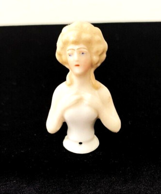 Antique GERMAN 2.38'' Porcelain HALF DOLL #7806 Light Brown Hair Blue Eyes