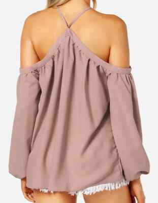 YOINS Lotus Halter Blouse Top Sexy Neckline Long Sleeves Size 16 Uk BNWT Pink