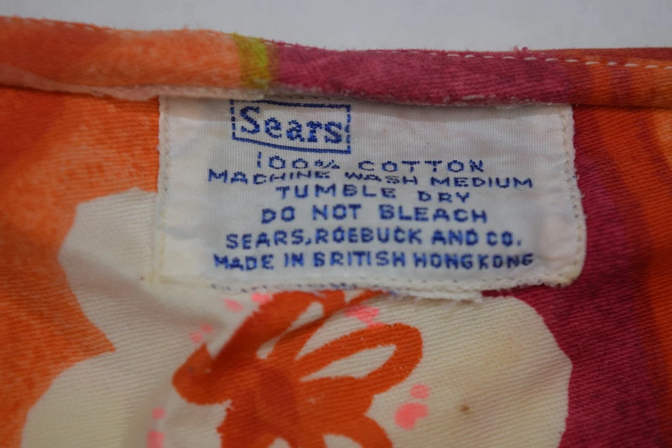 Vestido Hawaiano Vintage Sears Talla S/M Años 70 Sin Mangas Naranja Blanco Amarillo Floral Foto 3 de 4