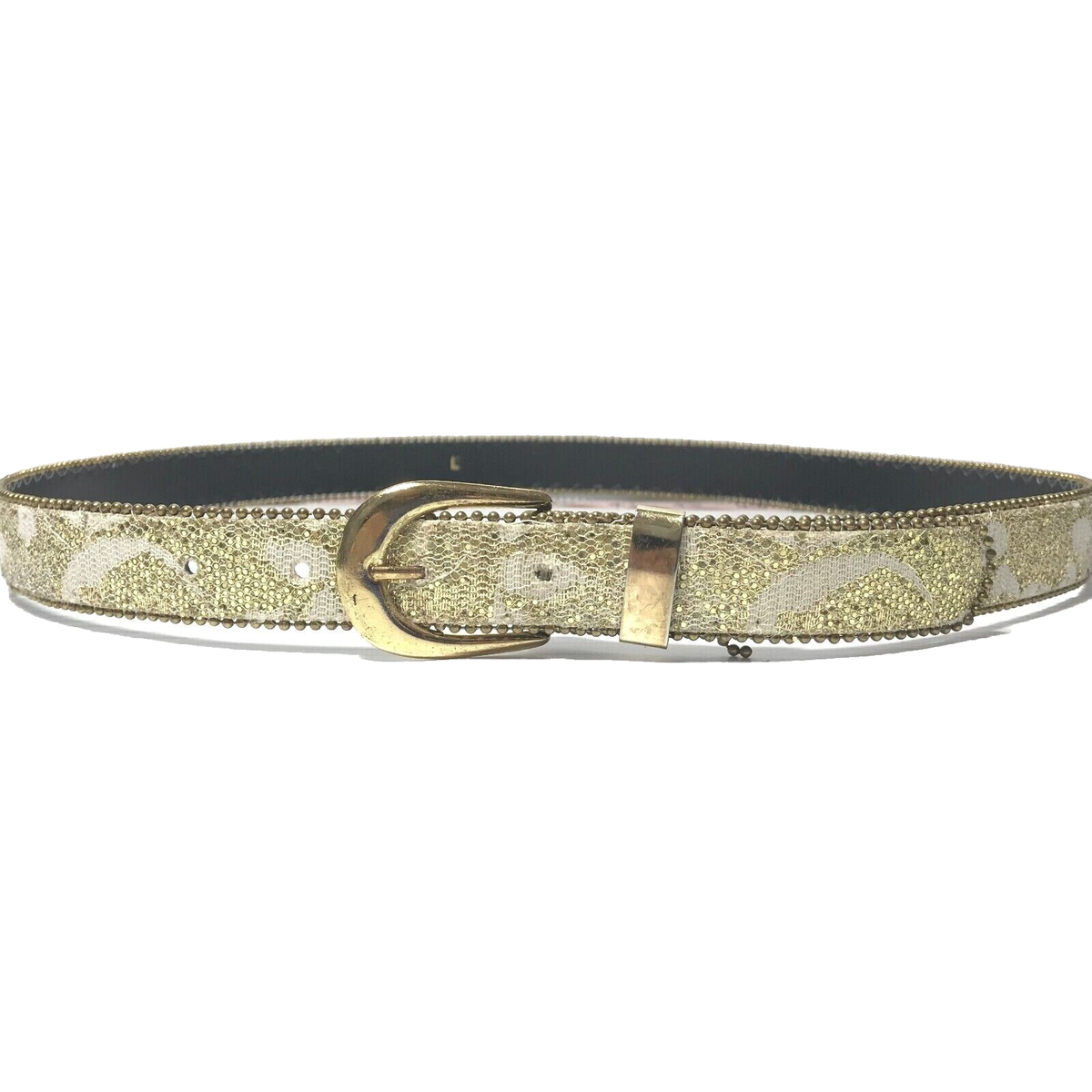 Women's Belt Large Gold Beige VTG Classic 80's Sparkle Beaded Dress Disco  Ladies