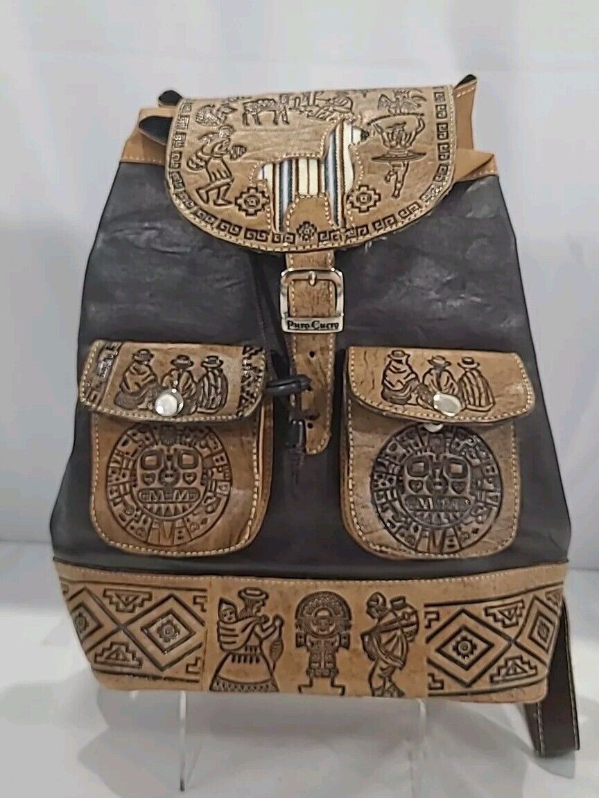 Puro Cuero Backpack Brown Leather Woven Fabric Embossed Llama Purse Rucksack