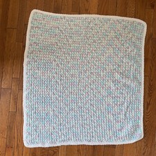 Baby Throw Blanket Pink Blue White Pastel Handmade Knit Crochet 37"x42"