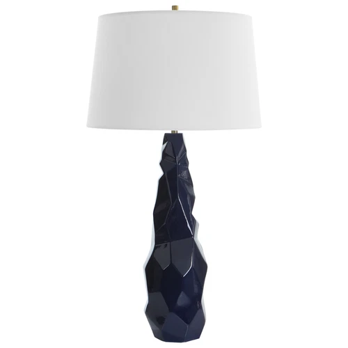 Abstract Faceted Gloss Navy Blue Ceramic Table Lamp 31 in Geometric Crinkle Luxe - Picture 5 of 9