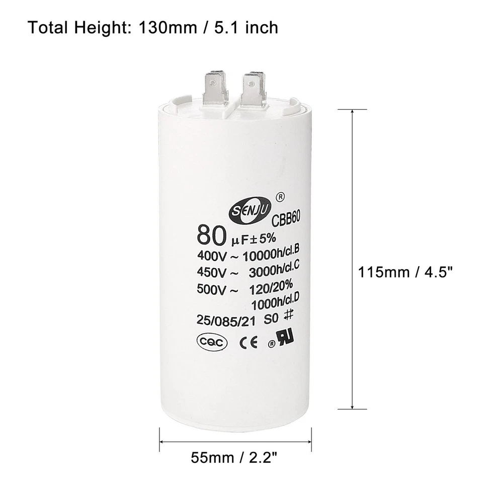 Condensateur Fonctionnement 80uF 450V Double Insert 50/60Hz 122x49mm pour Moteur - Photo 2/4
