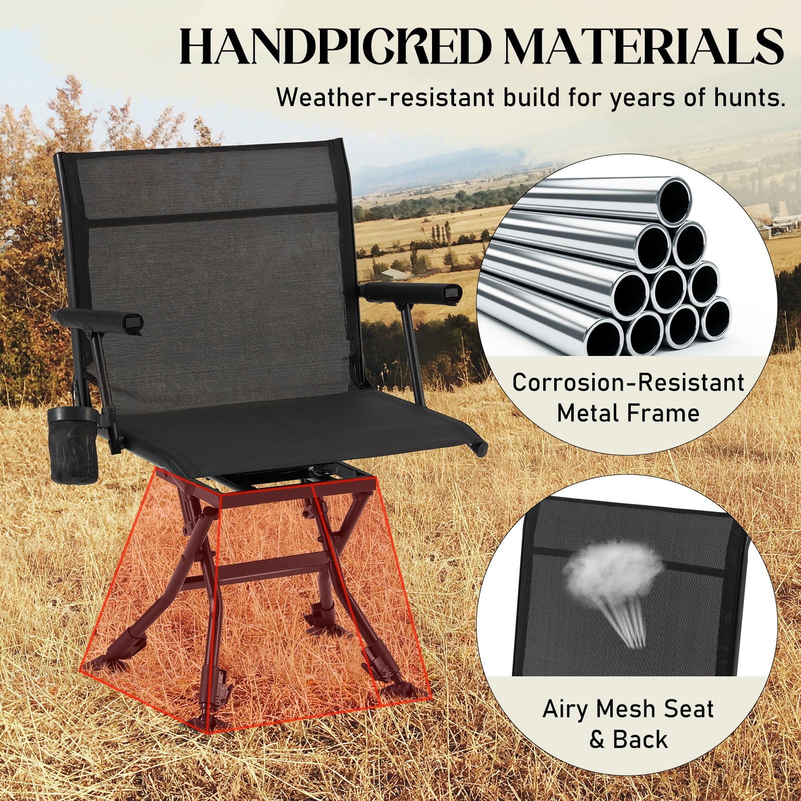 Danrelax 360° Silent Swivel Hunting Chair, Adjustable Height, Mesh Back, Armrest