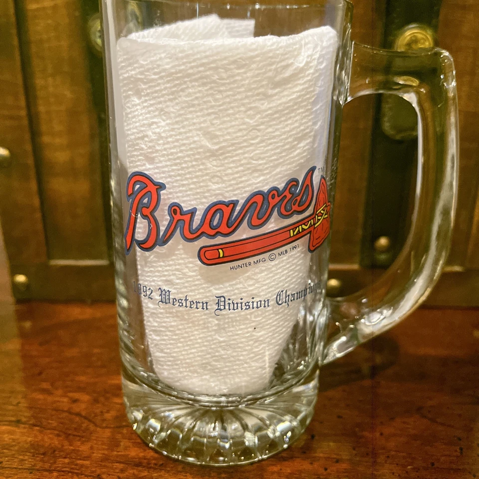 复古亚特兰大勇士队啤酒杯 1992 年西部冠军杯带印刷名册 — 第 2/4 张图片