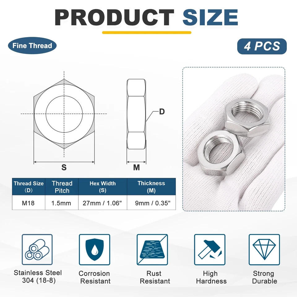 4 Stück M18x1,5 Sechskantmuttern Aus Stahl 27mm / 1,06" Breite 9mm / 0,35" Höhe - Bild 2 von 4
