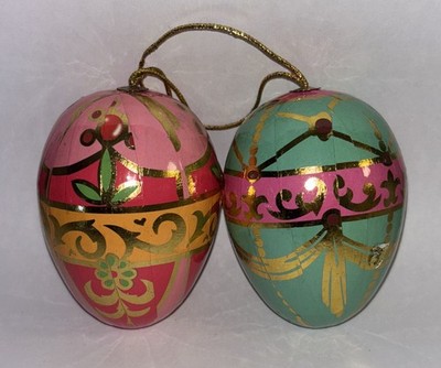 2 Vintage Multicolor Easter Ornaments Paper Mache Eggs 3.5 