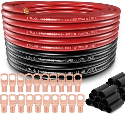 4 Gauge Wire (25ft Each- Black/Red) Copper Clad 50FT Wire, Black, Red 